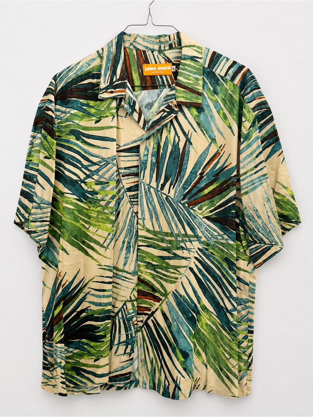 Jams World Men's Short-Sleeve Tropical Print Shirt in Green/Cream